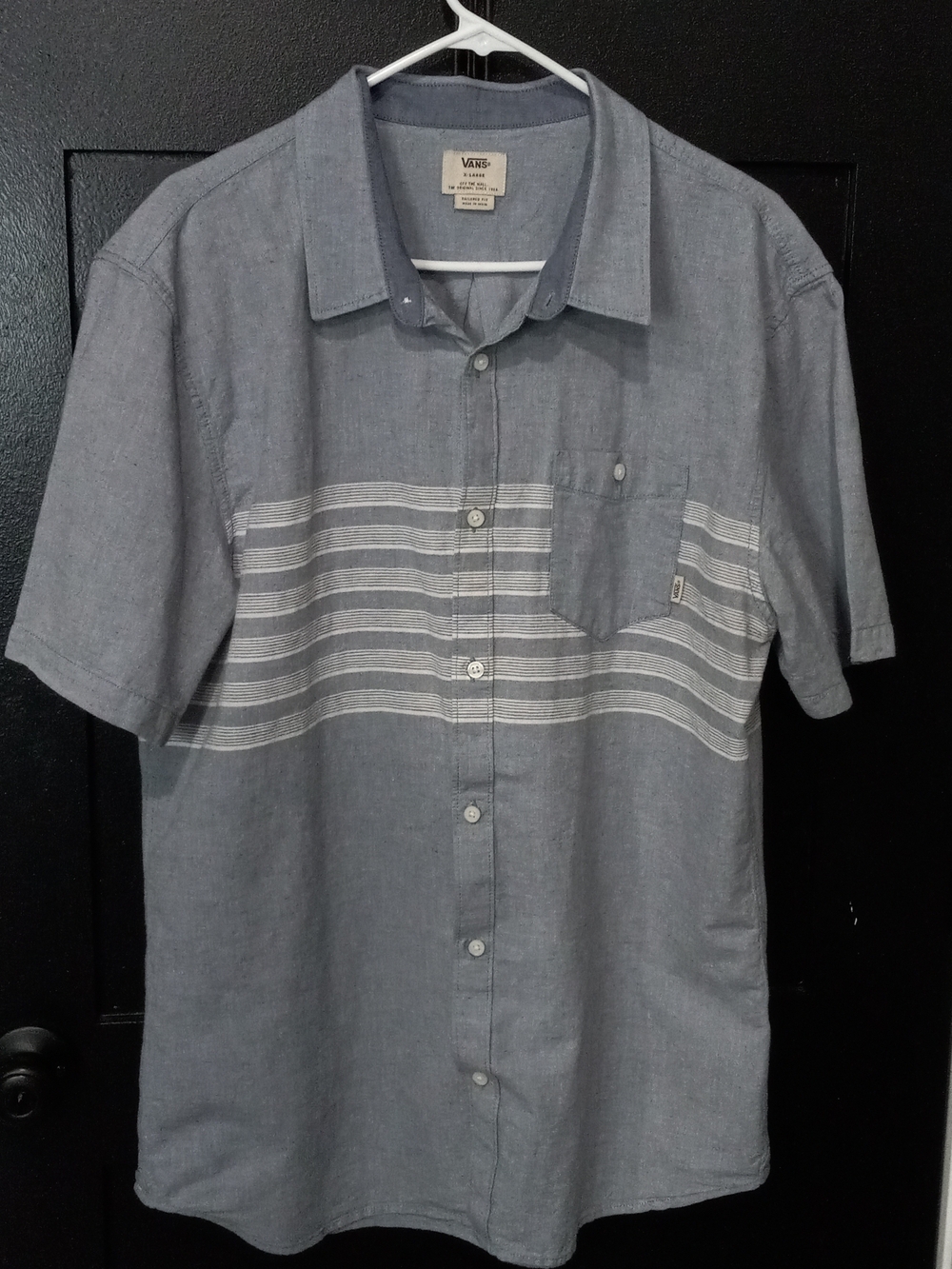 Vans Men's Short-Sleeve Gray Button-Up Shirt with Stripes